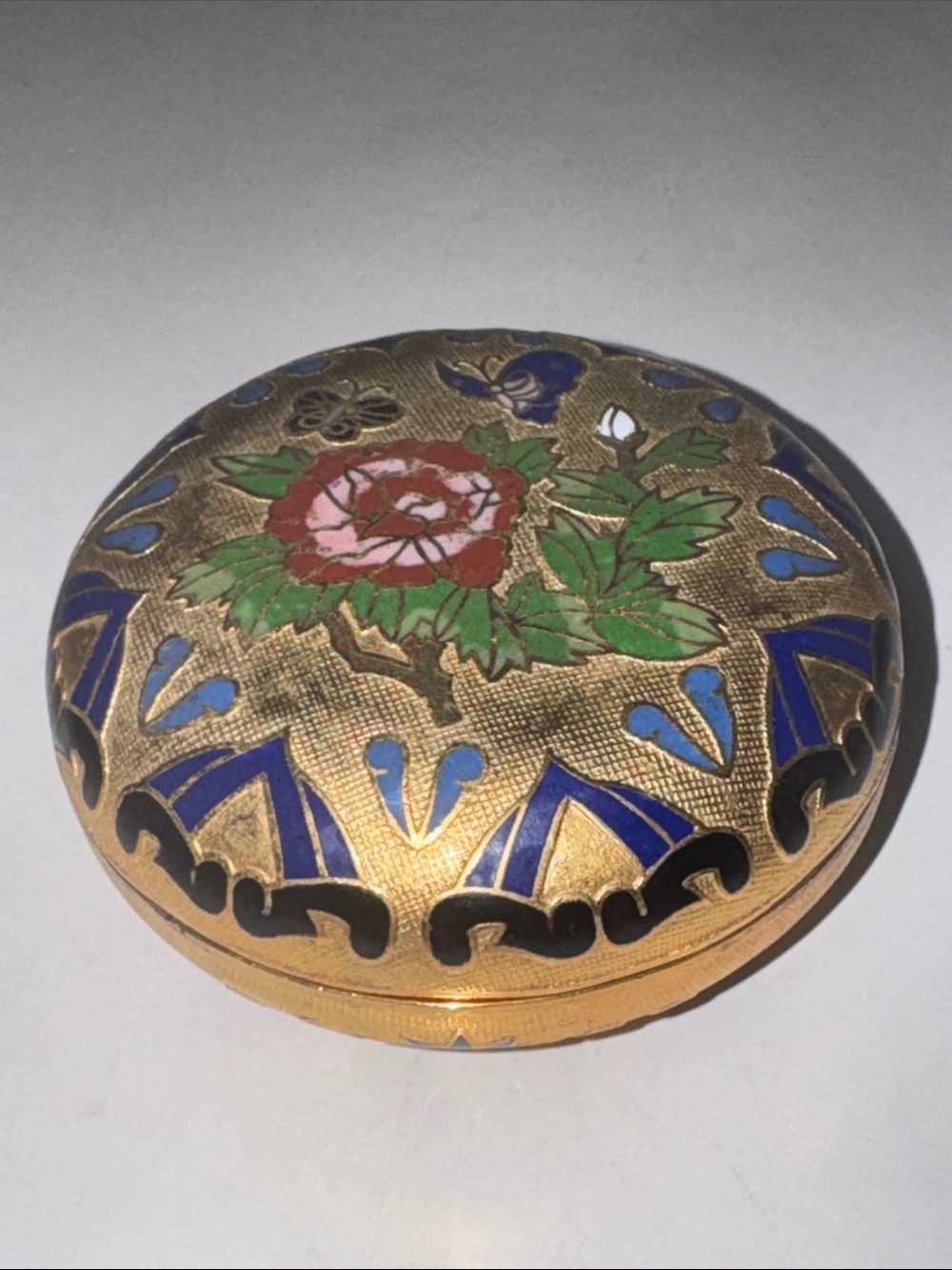 Cloisonné Enamel Trinket Box Butterfly Floral Lift-Off Lid Blue Inside 3.25”